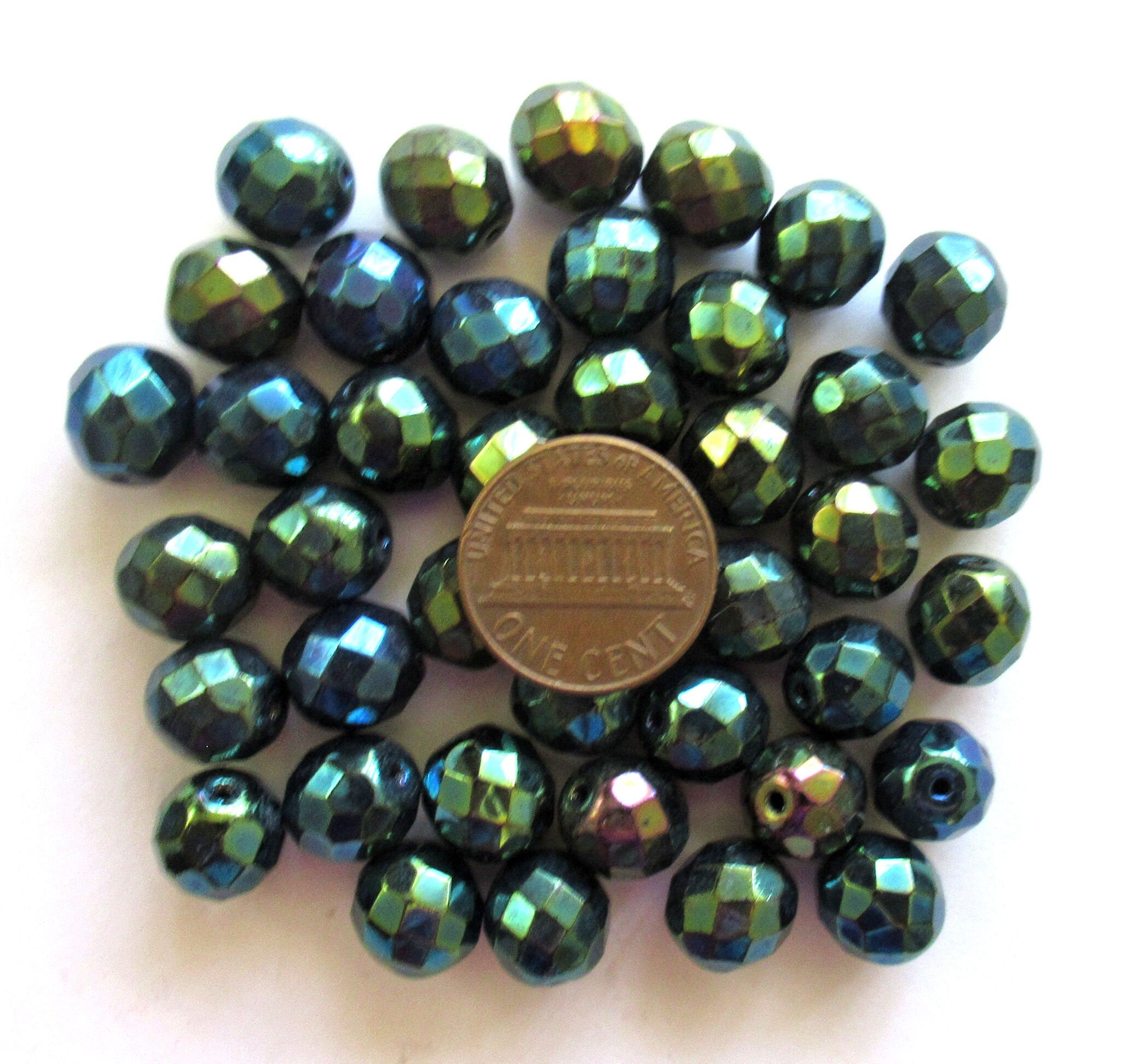 Twenty Czech glass fire polished faceted round beads - 10mm green iris beads C0099
