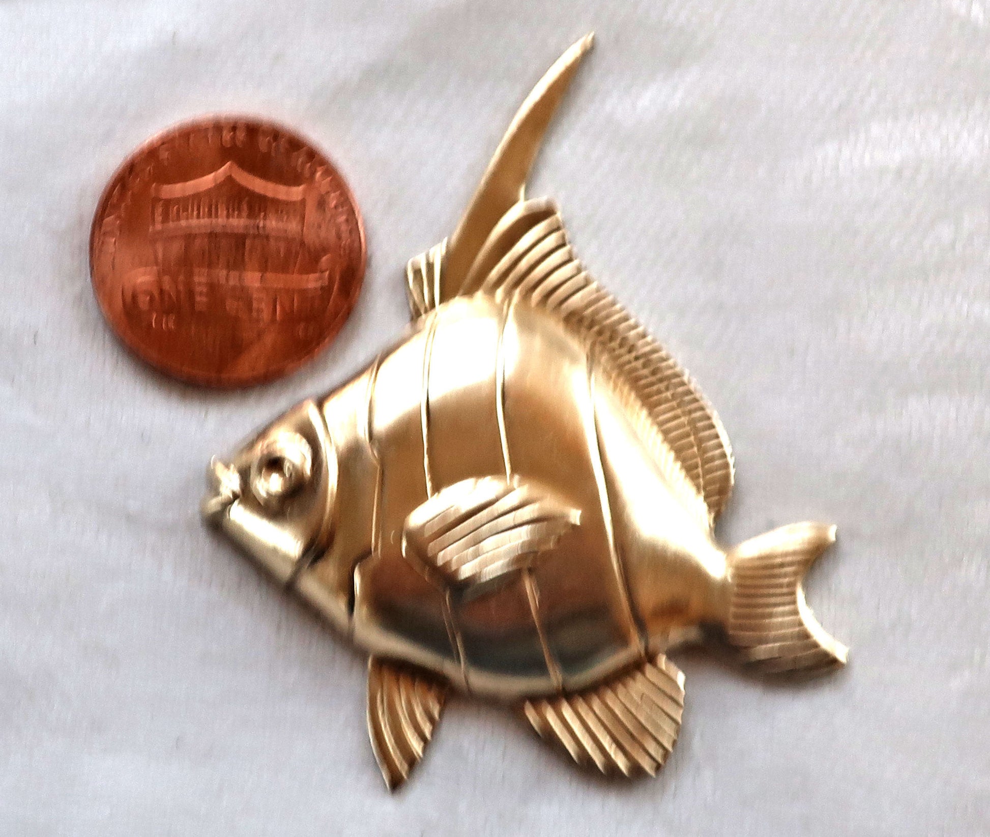 1 Angel Fish raw brass stamping, stylized 1950s retro fish, ornament, pendant, charm, component 54mm x 45mm, made in the USA 4801 - Glorious Glass Beads