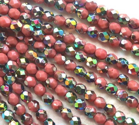 Lot of 25 6mm Czech glass beads, opaque pink vitral firepolished, faceted round beads, C8725 - Glorious Glass Beads