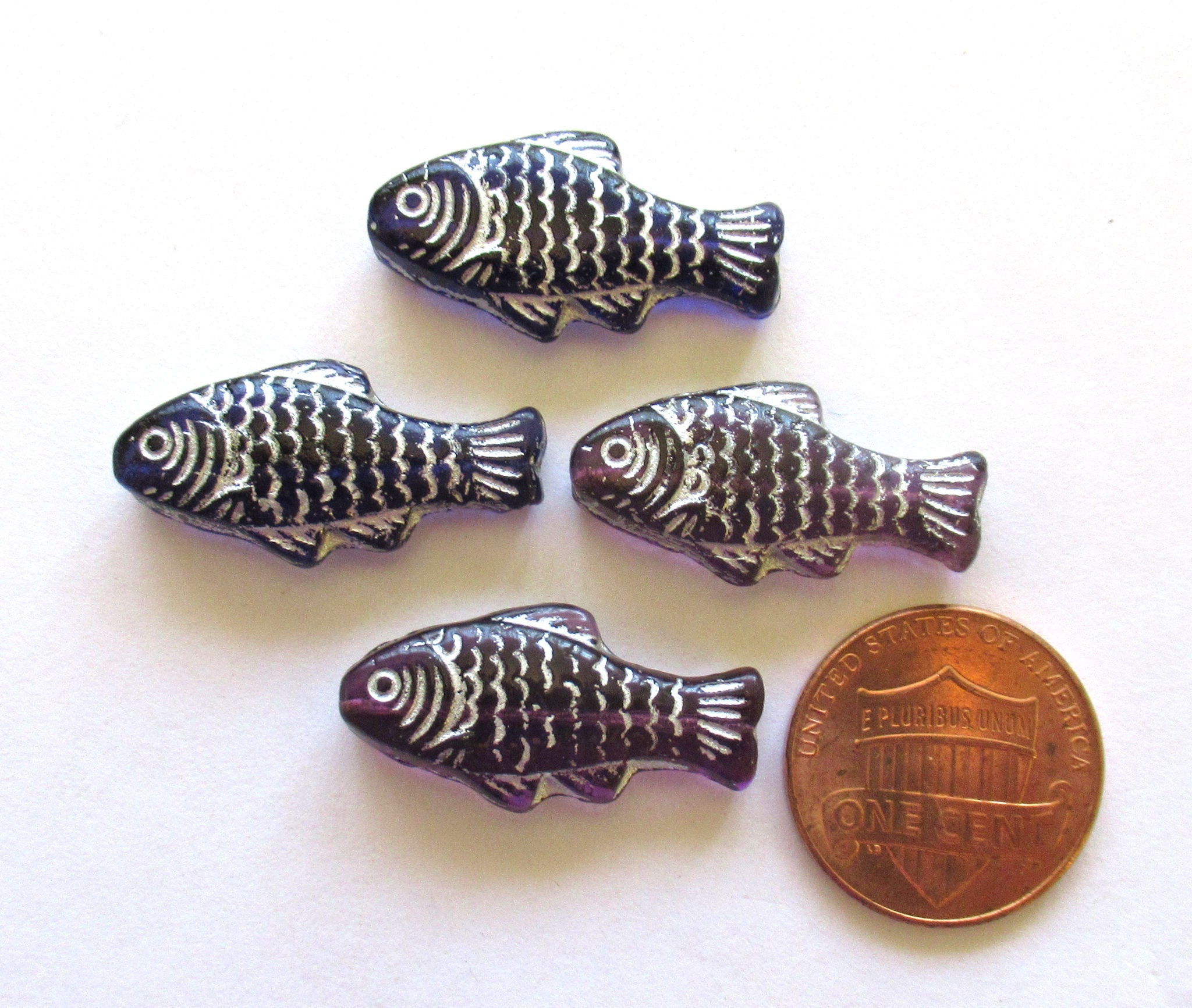 lot of 4 large Czech glass fish beads - 25 x 14mm transparent amethyst purple fish with a silver wash - C0057