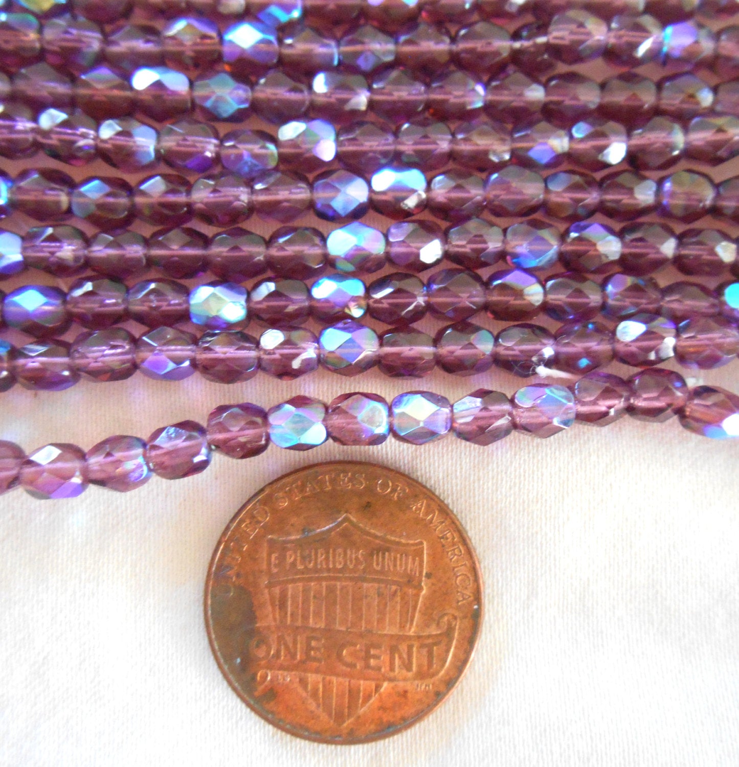 Lot of 50 4mm Czech glass amethyst purple AB beads, firepolished faceted round glass beads C3601 - Glorious Glass Beads