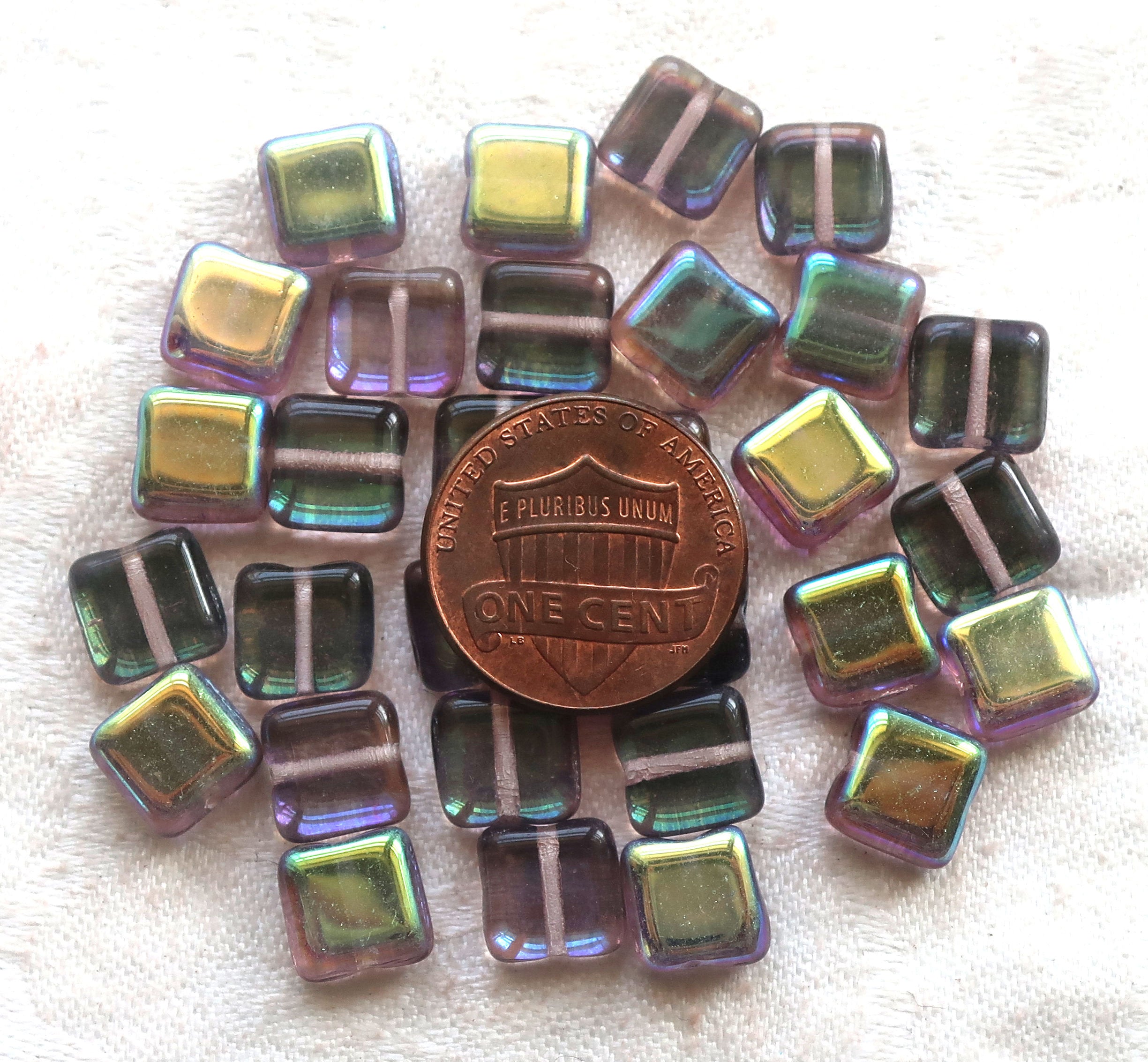 Lot of 30 8mm one hole flat square Czech glass beads, blue, green & purple mix with an iridescentt AB finish C10101 - Glorious Glass Beads