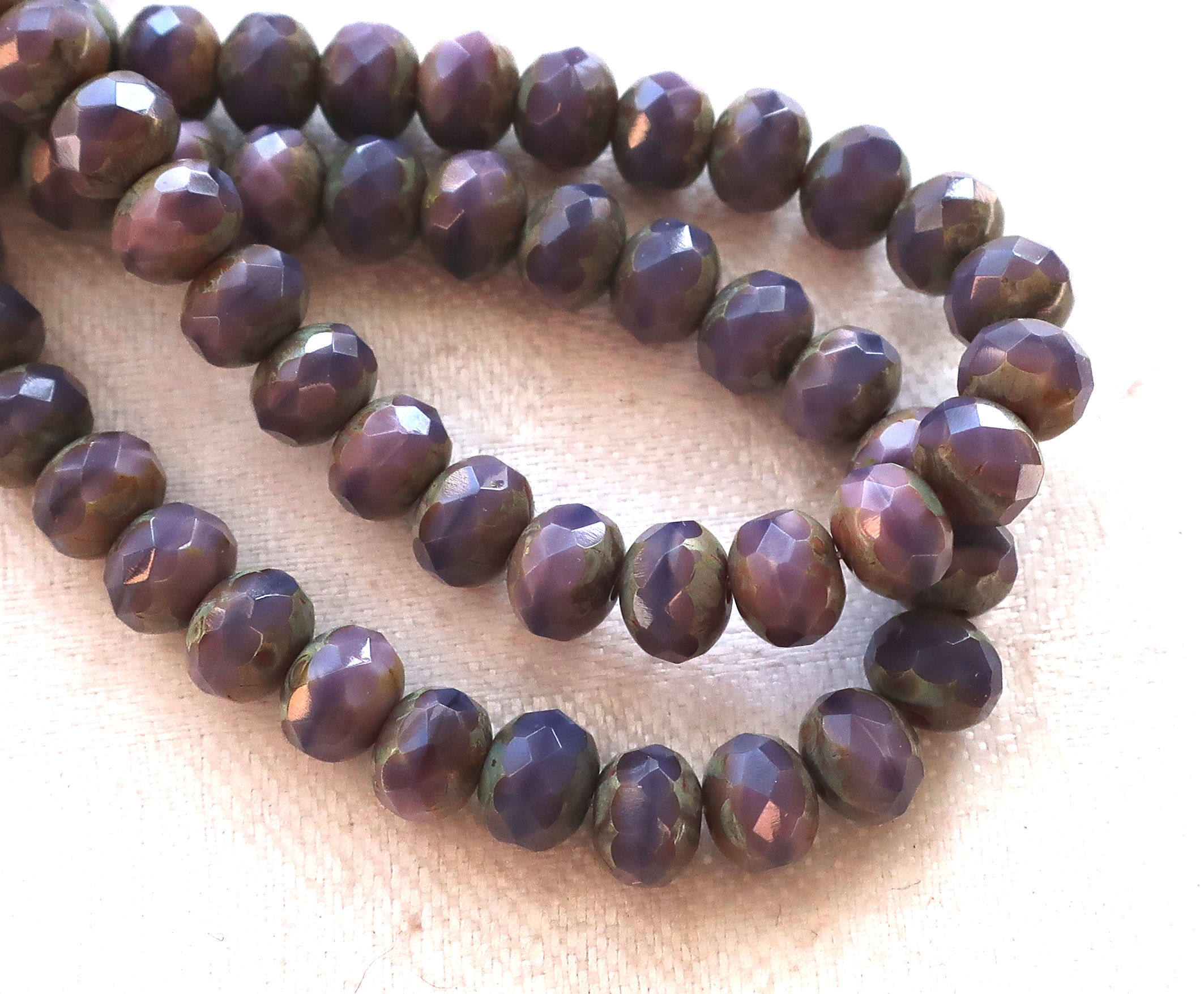 25 Czech glass faceted puffy rondelle beads, 5 x 7mm opaque purple, amethyst with pink mix, & picasso finish rondelles C00201