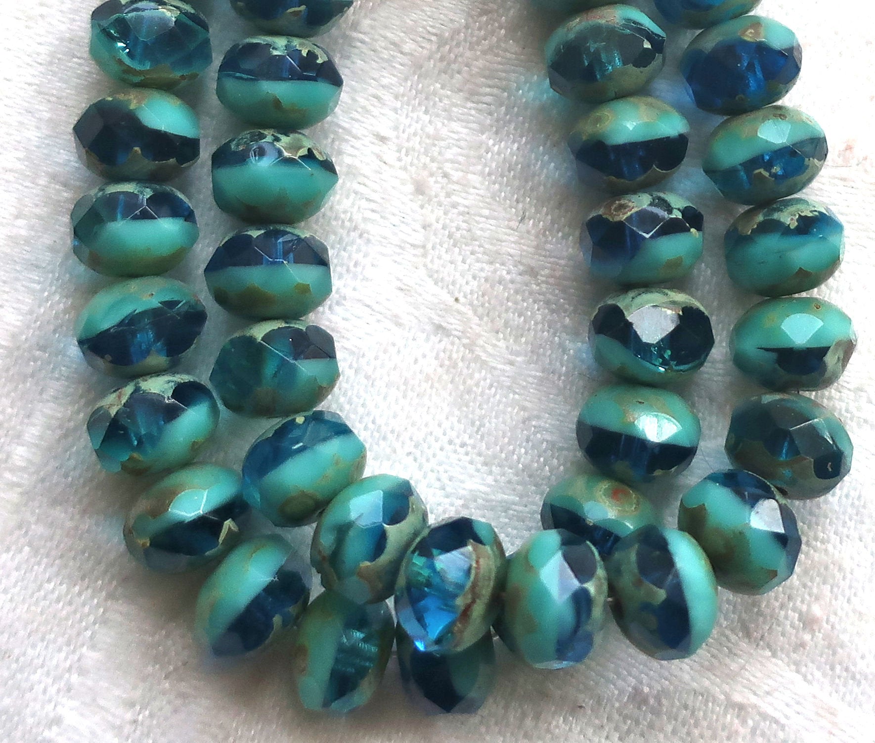 LOt of 25 faceted Czech glass puffy rondelle beads, 8 x 6mm transparent aqua blue & opaque turquoise green picasso mix rondelles 02301 - Glorious Glass Beads