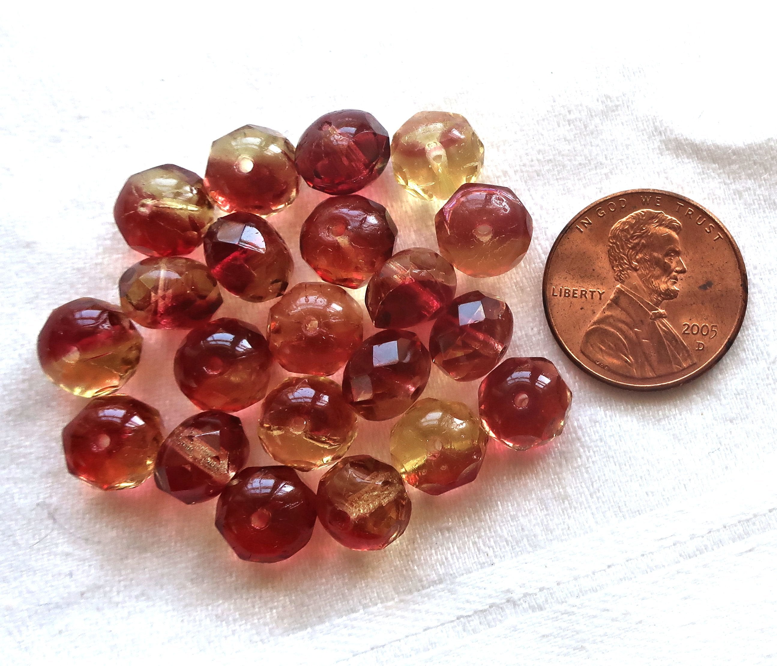 25 Czech glass faceted puffy rondelles, 6 x 8mm transparent champagne yellow & deep pink mix, rondelle beads on sale 57101 - Glorious Glass Beads