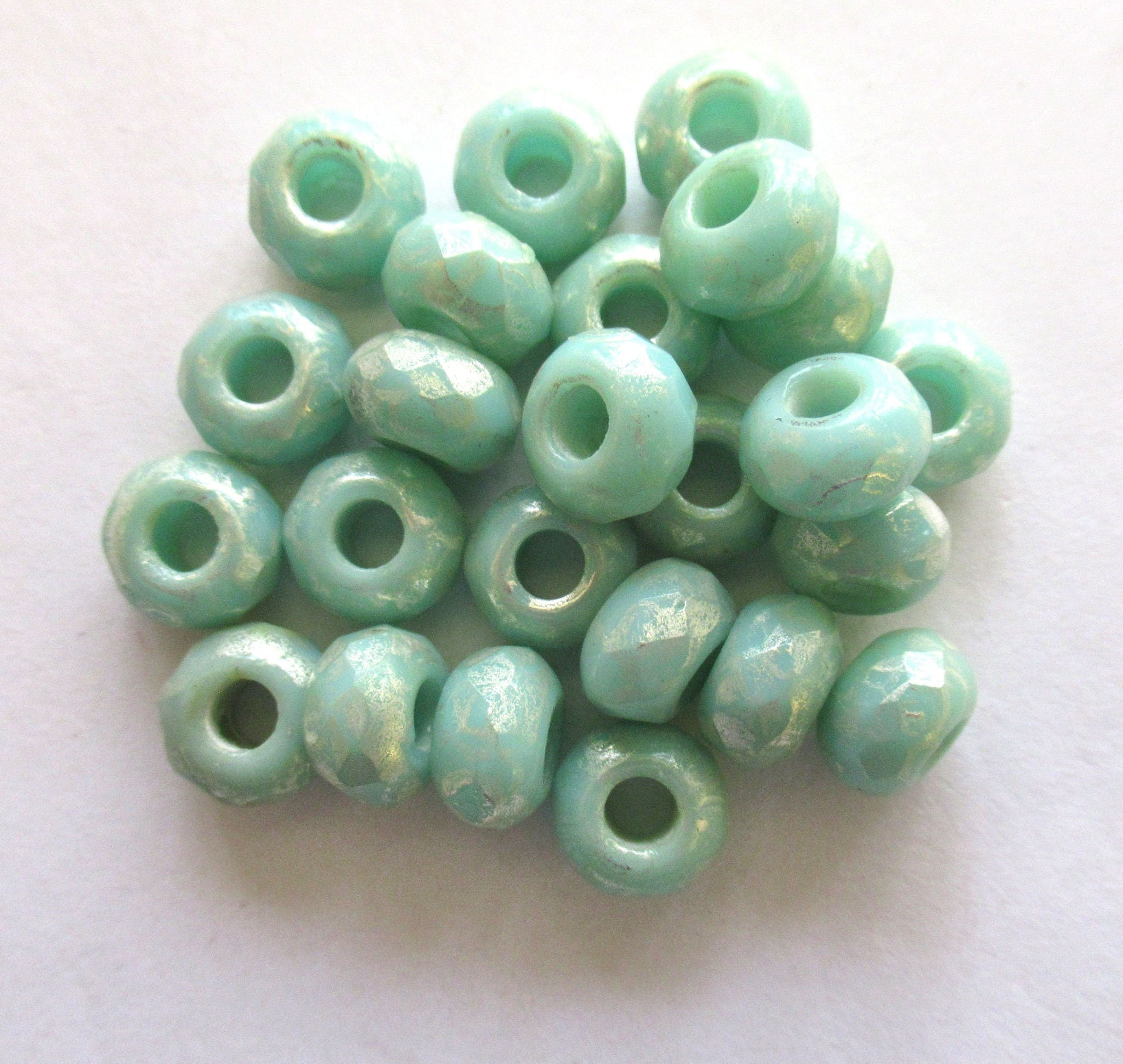 Twelve Czech glass faceted roller or rondelle beads - opaque mint green w/silver mercury finish - 6 x 9mm big 3.5mm hole tyre beads 00041