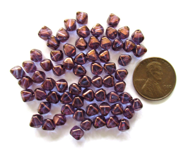 Fifty 6mm Czech glass bicone beads - lumi amethyst purple bicones - pressed glass beads C0034