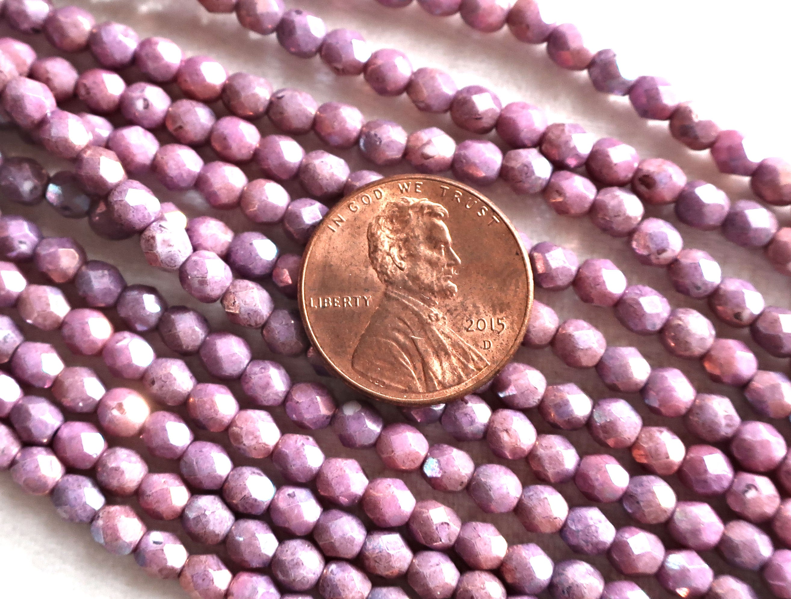 Lot of 50 4mm Opaque Amethyst Luster Czech glass beads, Faceted, firepolished purple luster smooth round beads, C9601 - Glorious Glass Beads