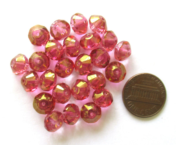 15 pink faceted Czech glass rivoli or saucer beads - 6 x 9mm transparent pink with crystal centers and gold accents - C05101