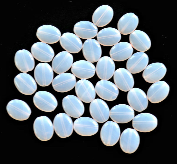 25 translucent milky white flat oval Czech Glass beads, 12mm x 9mm pressed glass beads C0029