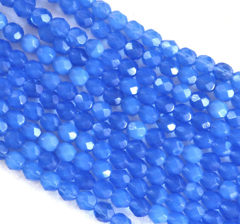 Lot of 25 6mm Milky Sapphire Blue Czech glass beads, firepolished faceted round beads C5425 - Glorious Glass Beads