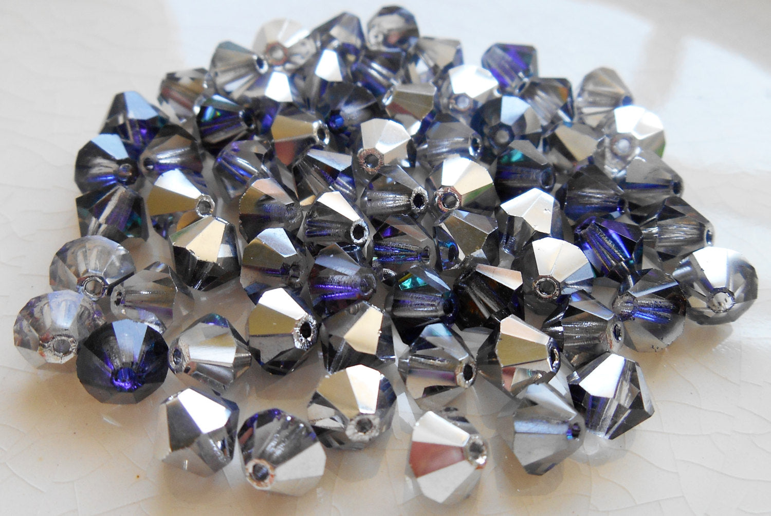 Lot of 24 6mm Crystal Heliotrope AB Czech Preciosa Crystal bicone beads, faceted silver, blue violet bicones C7801