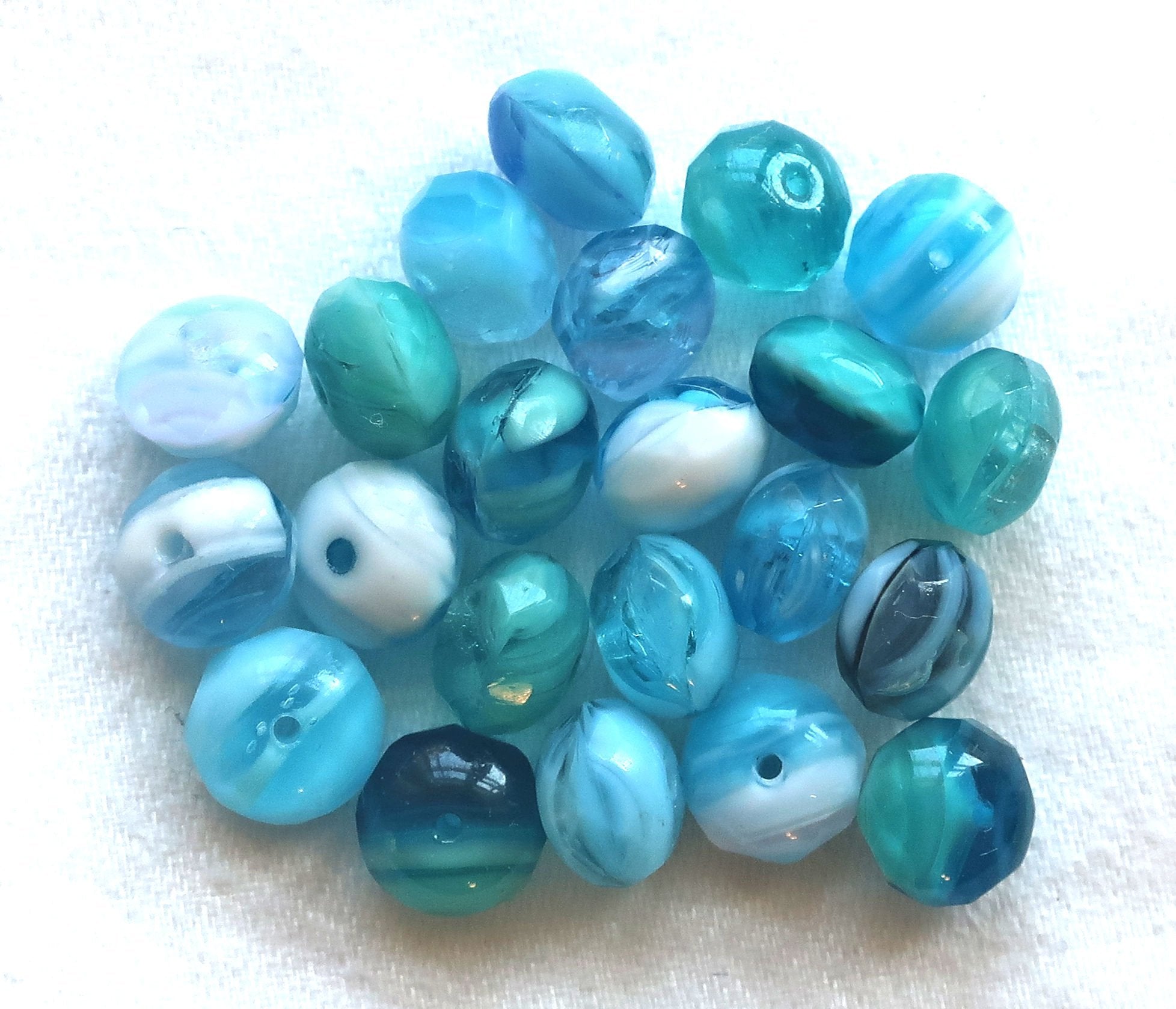 25 Czech glass puffy rondelles, 6 x 8mm transparent & opaque aqua blue and white color mix, faceted puffy rondelle beads, sale price 03101 - Glorious Glass Beads