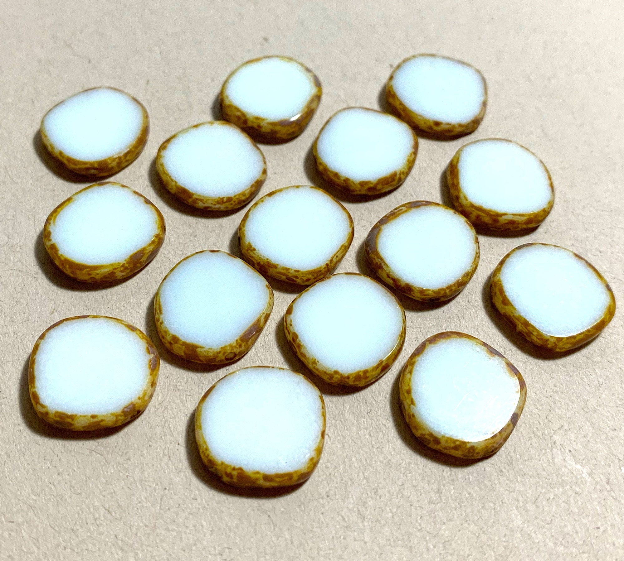 Six 15mm Czech glass asymmetrical coin or disc beads -opaque white picasso table cut beads - C0231