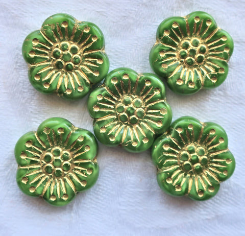Lot of 5 large 18mm opaque light green and gold Czech pressed glass flower beads 13101 - Glorious Glass Beads