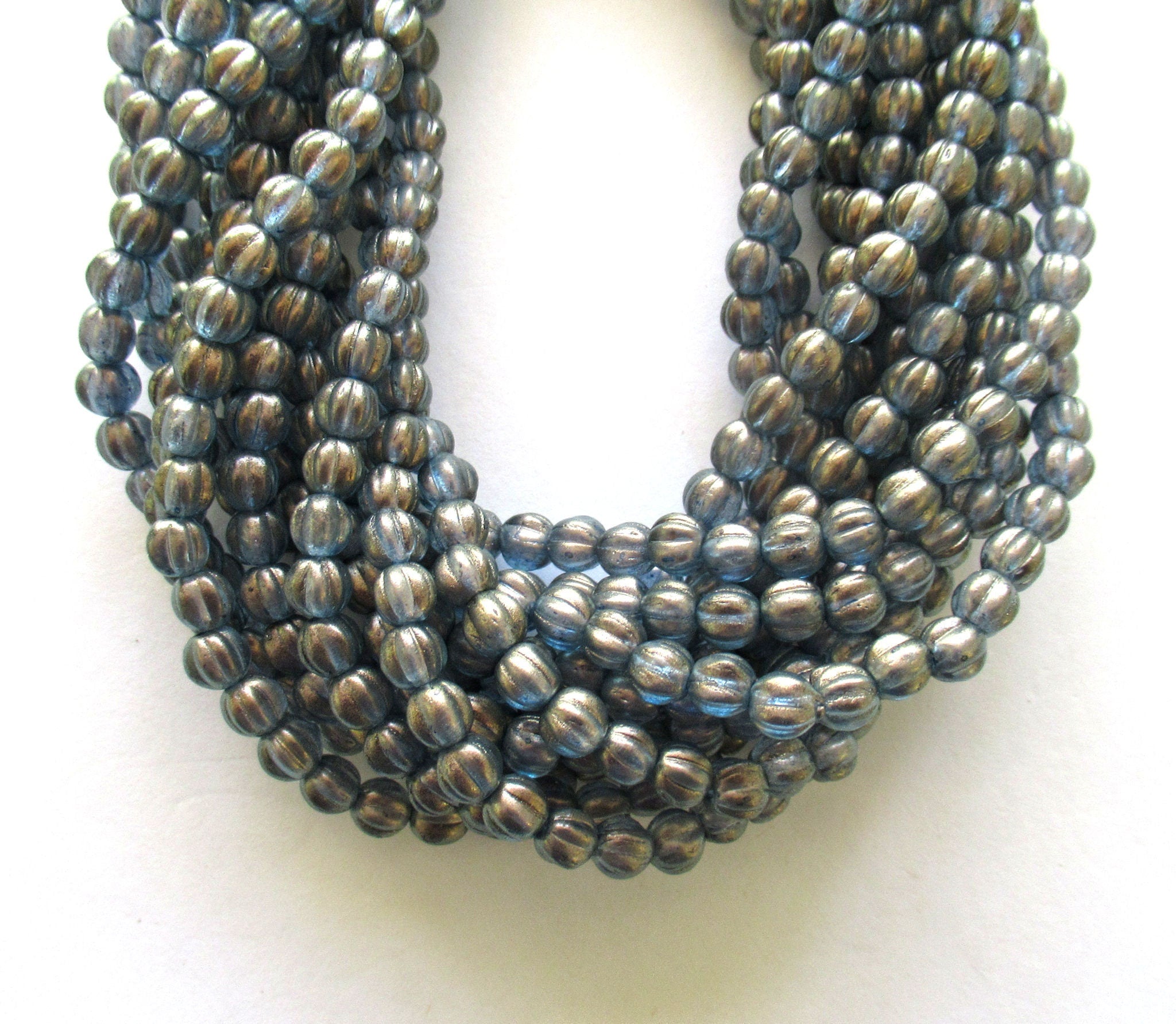 Fifty 5mm Czech glass melon beads - Halo Shadows blue/gray beads with a gold finish - 00311