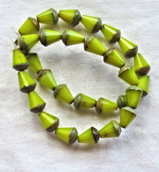 Lot of 15 8 x 6mm Czech glass teardrop beads - opaque silky lime green picasso - special cut, faceted, firepolished beads C05101