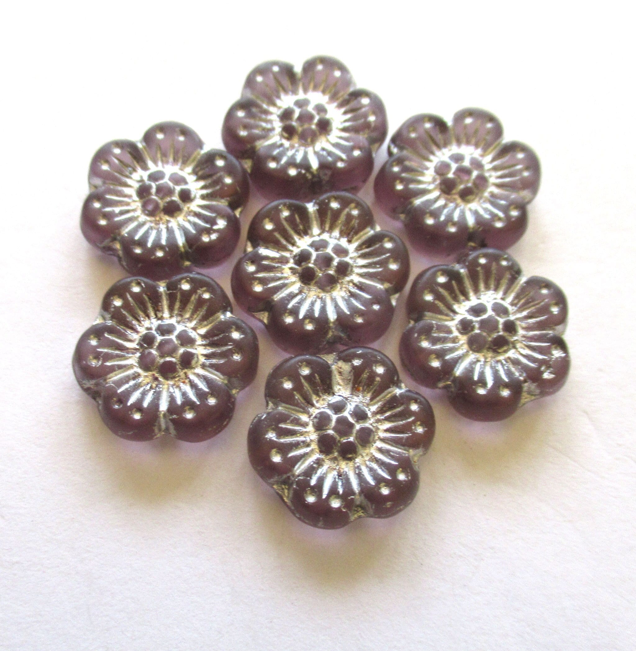 Ten Czech glass wild rose flower beads - 14mm transparent light purple, amethyst floral beads with a silver wash C00501