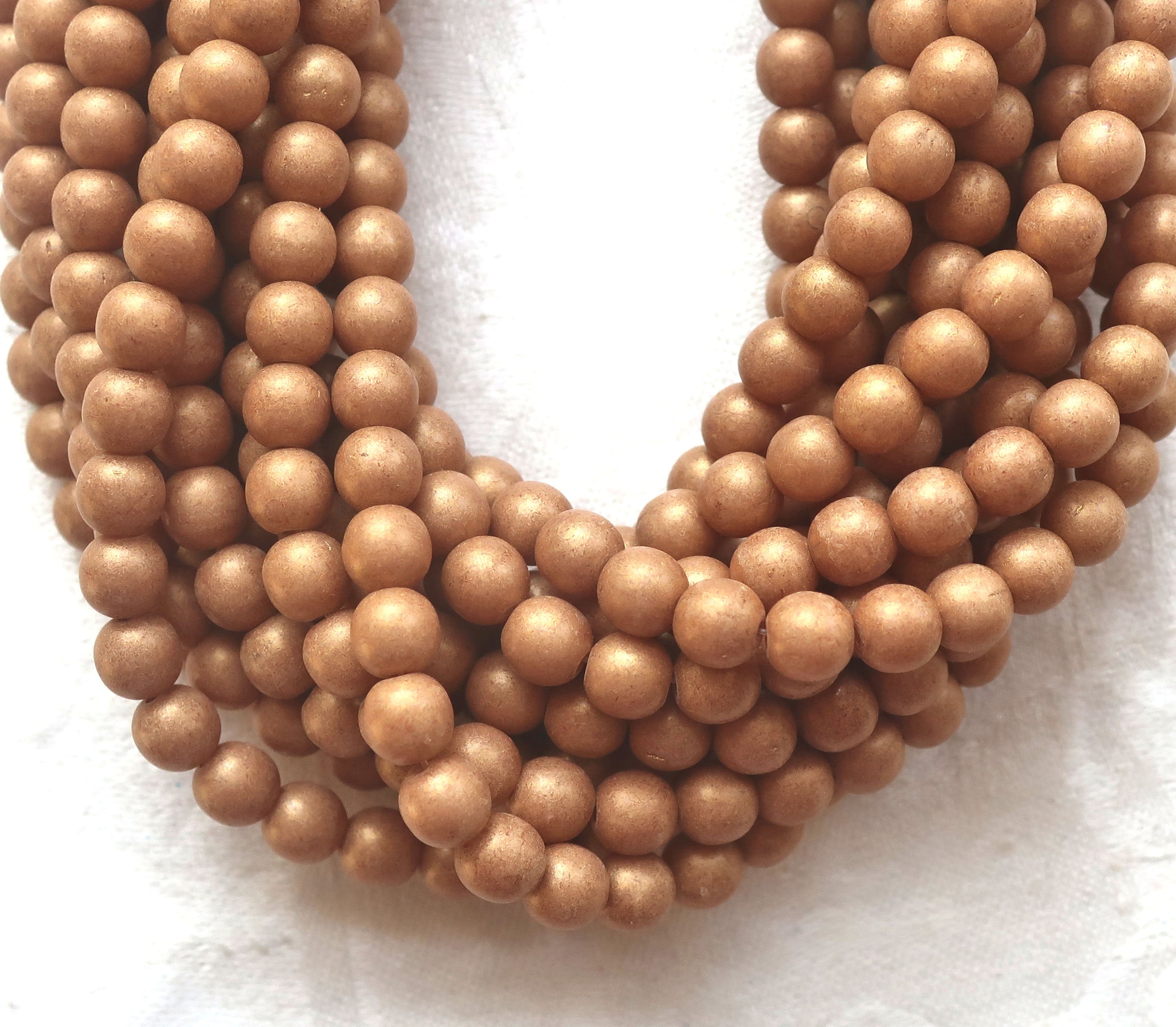 Lot of 50 6mm Czech glass druks, opaque beige, light brown, Pacifica Macadamia smooth round druk beads 03150 - Glorious Glass Beads