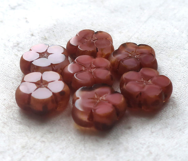 Five 16mm Czech glass flower beads, table cut, carved, marbles opaque pink with crystal picasso flowers, C26105 - Glorious Glass Beads
