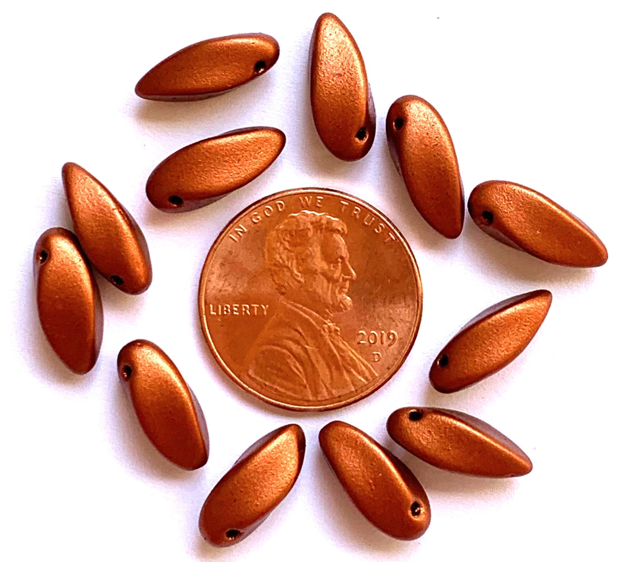 20 Czech glass twisted teardrop, petal or dagger beads - top drilled 6 x 12mm matte metallic red bronze pressed glass beads C0038