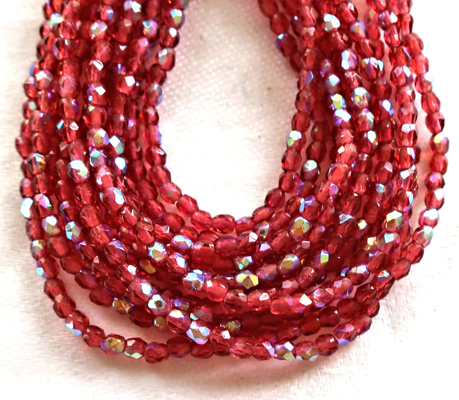 LOt of 50 3mm Fuchsia AB Czech glass beads, pink firepolished, faceted round beads, C1750 - Glorious Glass Beads