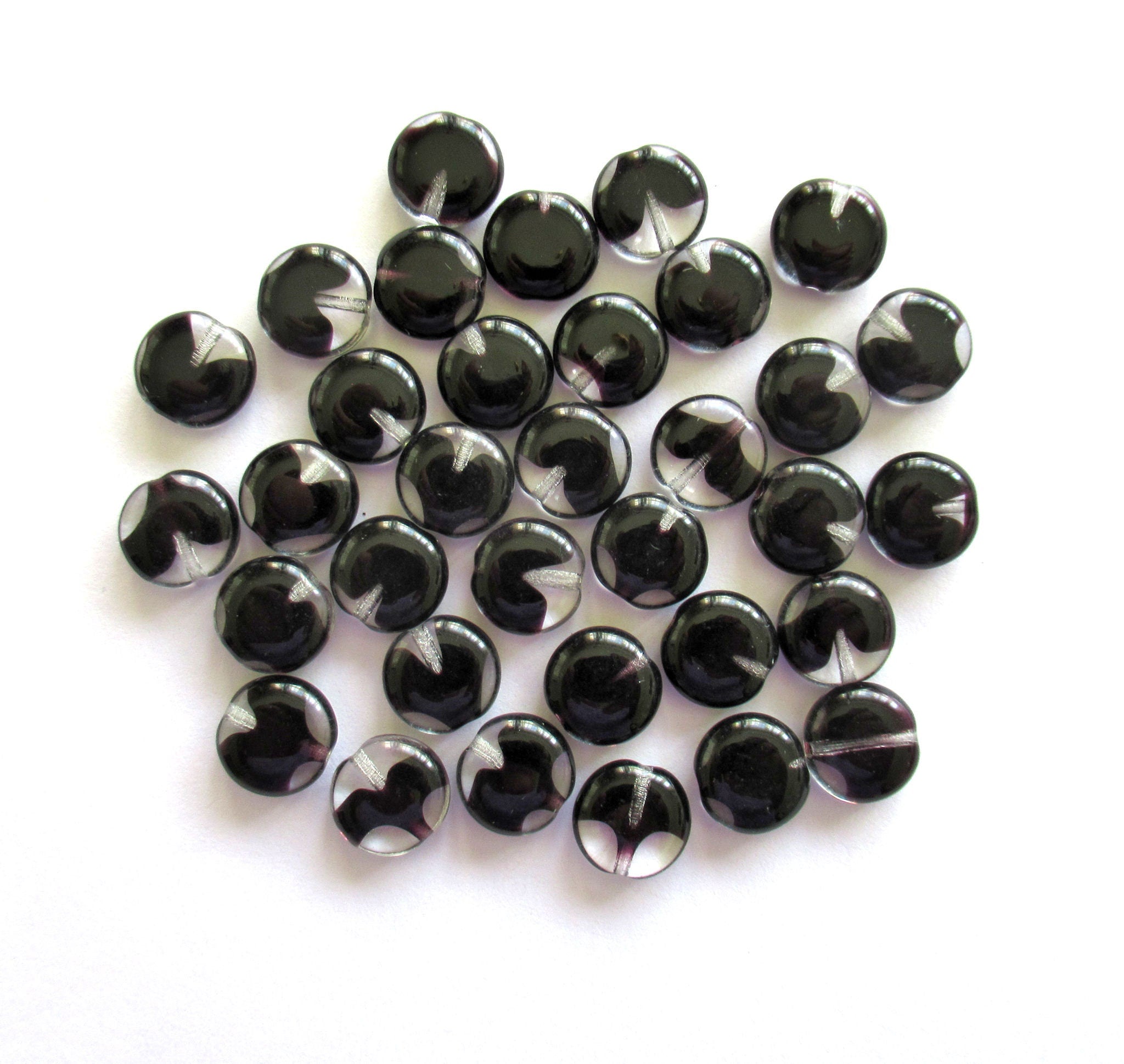 20 Czech glass coin beads - 10mm jet black & crystal disc beads C0055
