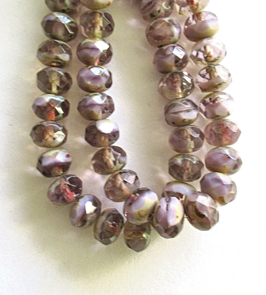 25 Czech glass faceted puffy rondelles - 6 x 8mm transparent & opaque mix light amethyst purple / lavender picasso, rondelle beads 00591
