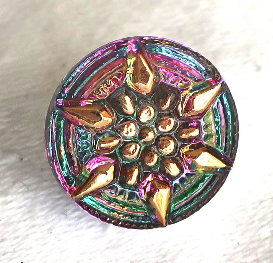 One 13mm Czech glass button with a gold raised star - iridescent pink & green decorative shank button 09101 - Glorious Glass Beads