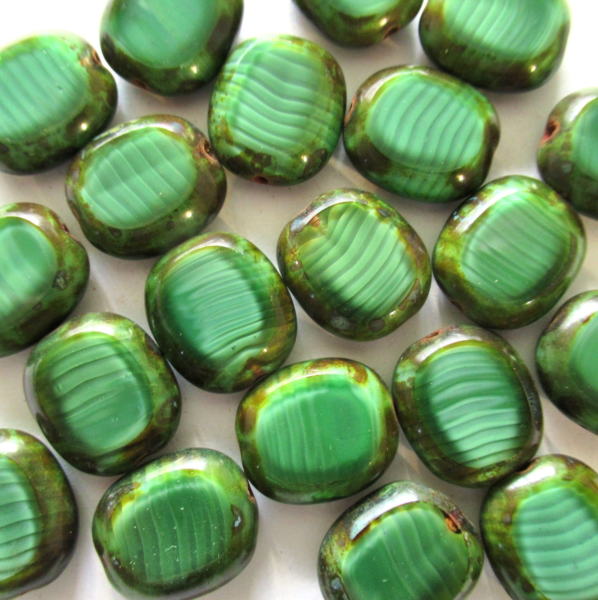 Six Czech glass oval beads - 14 x 12mm marbled silky forest green picasso table cut window beads - 00231