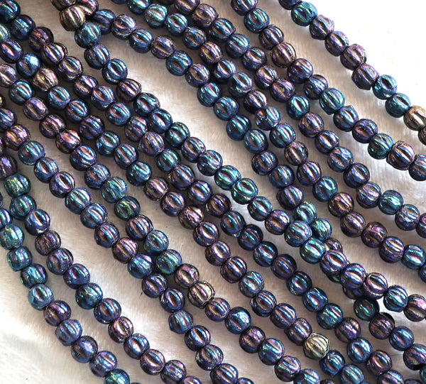 Lot of 100 3mm Czech glass melon beads, Blue Iris pressed glass beads C11850 - Glorious Glass Beads