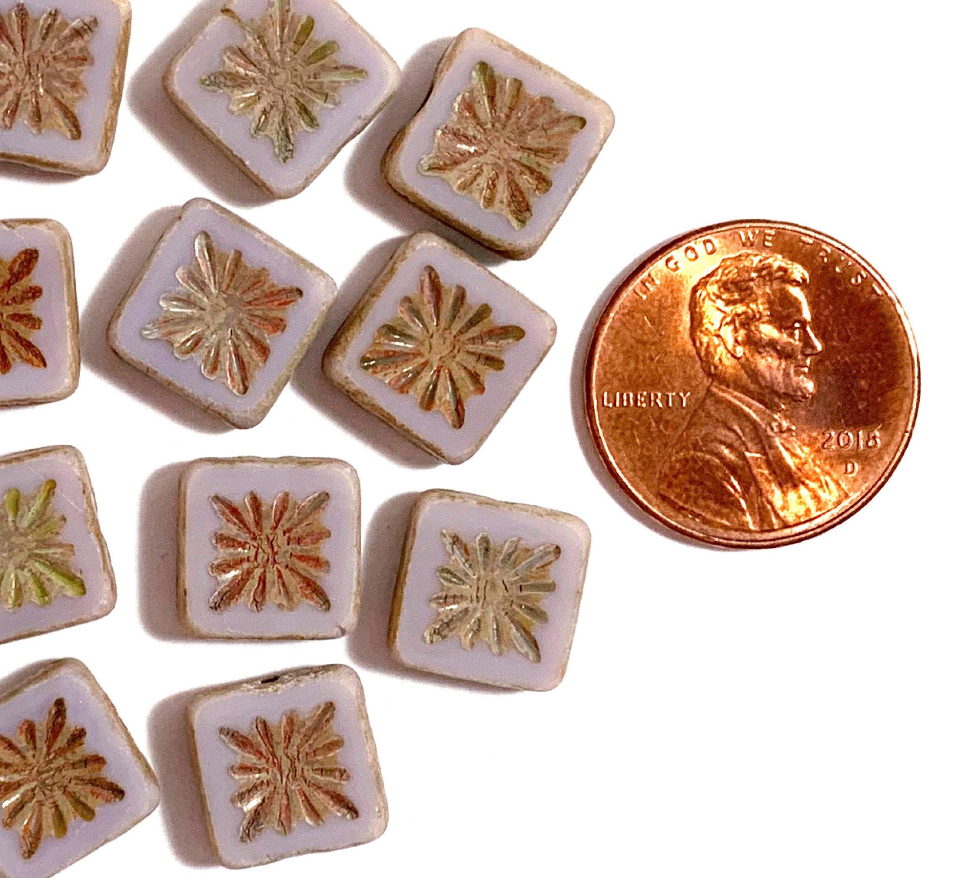 Ten 10mm x 10mm square opaque very light matte purple carved, table cut, Czech glass beads with picasso finish, front and back carved C0001