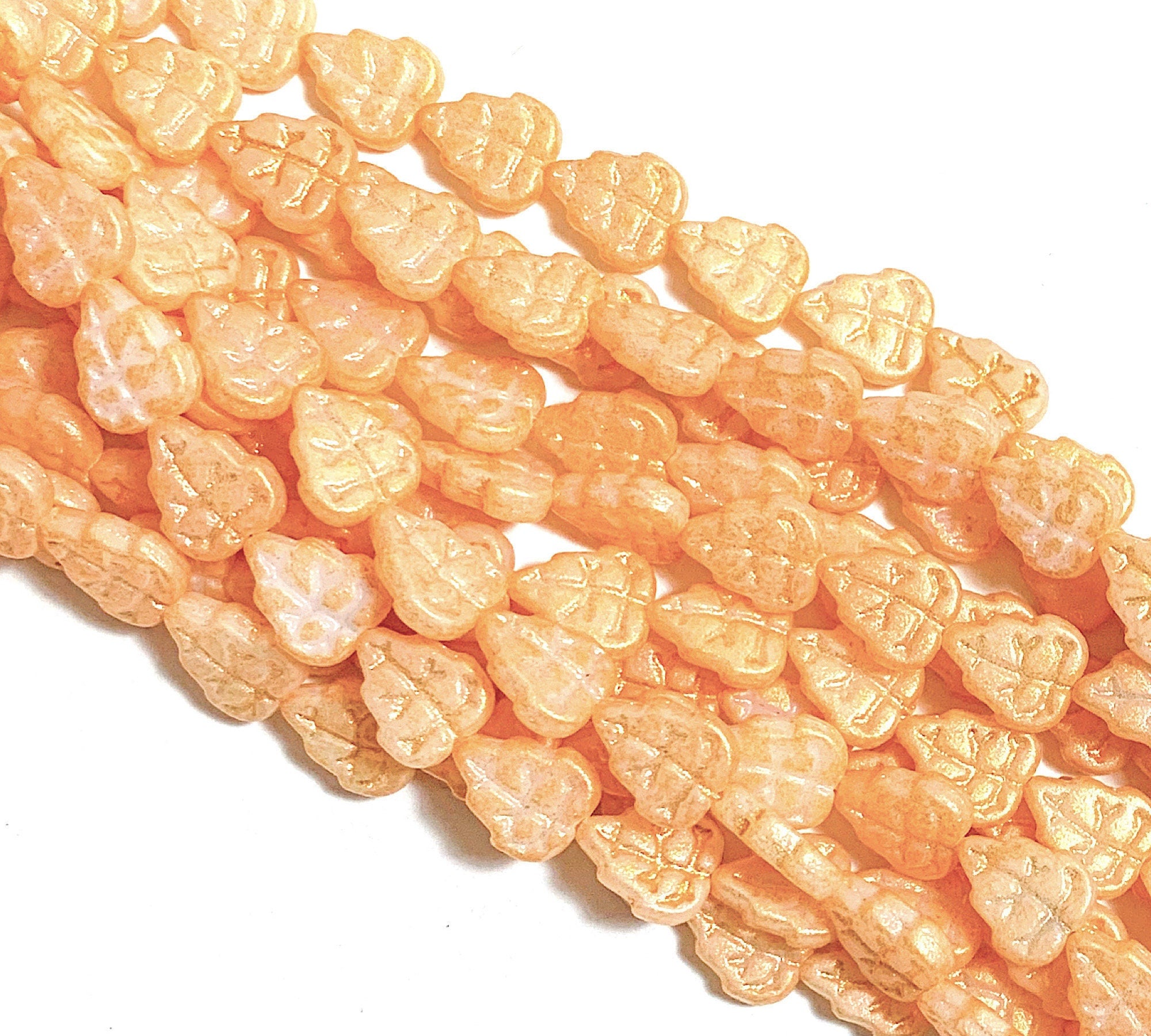 25 Czech glass center drilled leaf beads - 10 x 8mm - milky white with a shimmer gold finish C0047