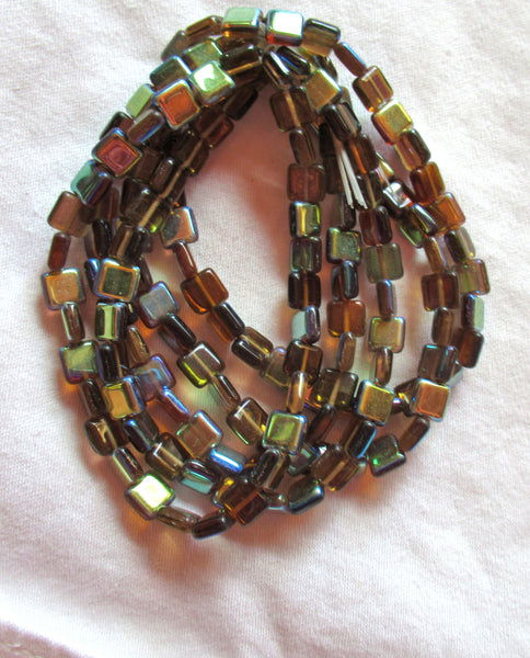 Lot of 30 8mm one hole flat square Czech glass beads - topaz brown beads with an iridescentt AB finish C10101