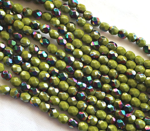 Lot of 25 6mm Opaque Olive Vitral Czech glass beads, olive green firepolished, faceted round beads with a vitral finish, C6525 - Glorious Glass Beads