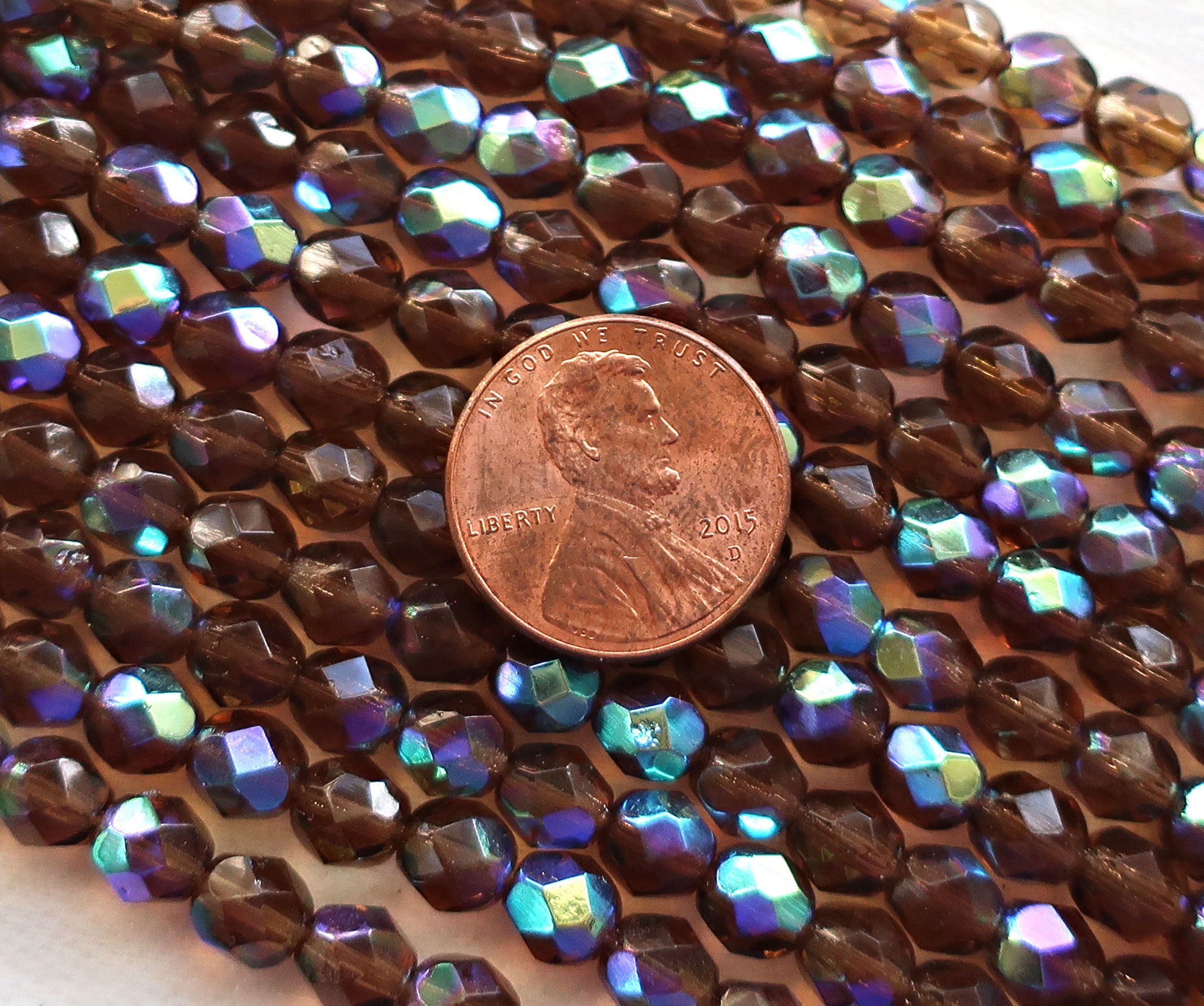 Lot of 25 6mm Smokey Topaz, Brown AB, faceted round firepolished Czech glass beads C8425 - Glorious Glass Beads