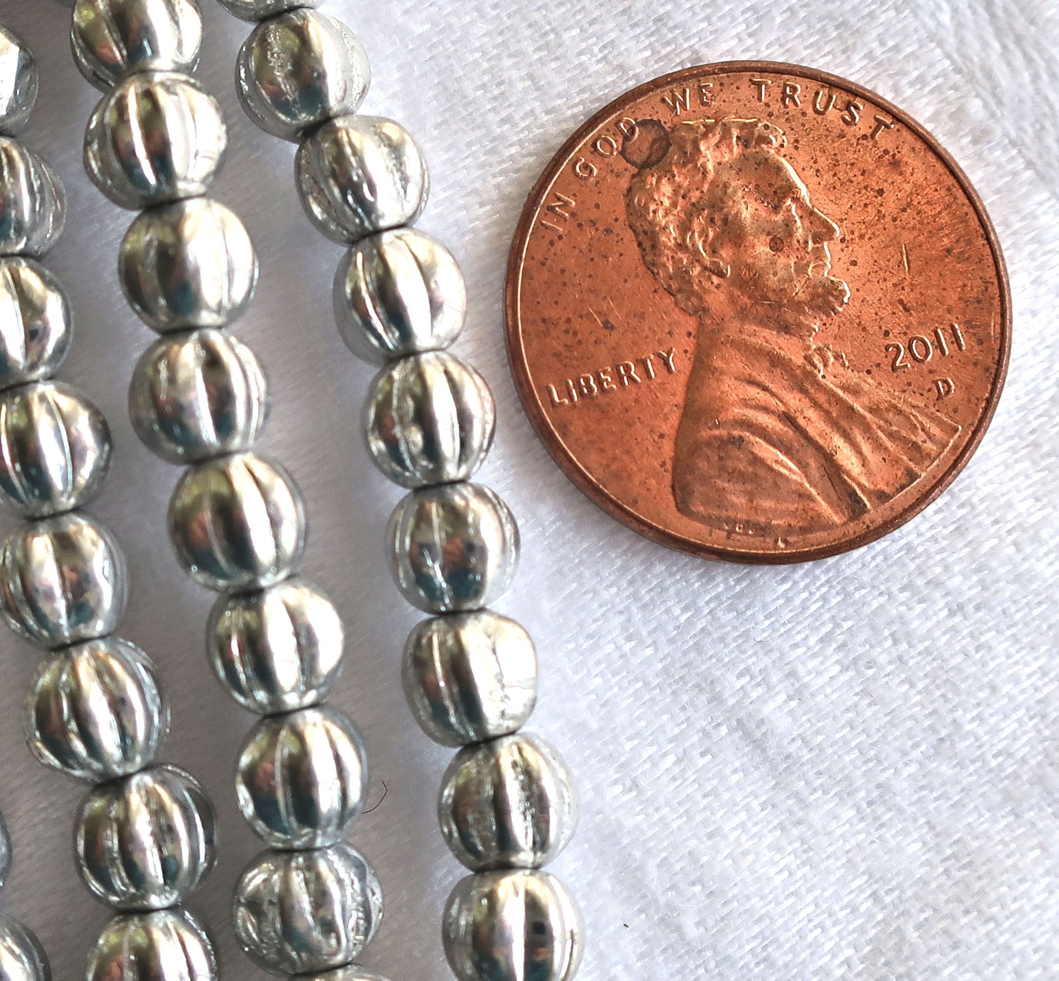 Fifty 5mm silver glass melon beads, Czech pressed glass beads C71150 - Glorious Glass Beads