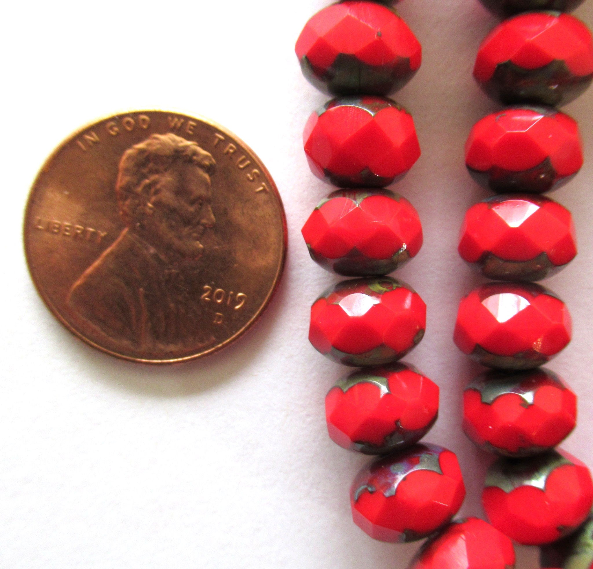 Lot of 25 6 x 8mm Czech glass puffy rondelles - opaque scarlet red picasso faceted fire polished rondelle beads - 00112