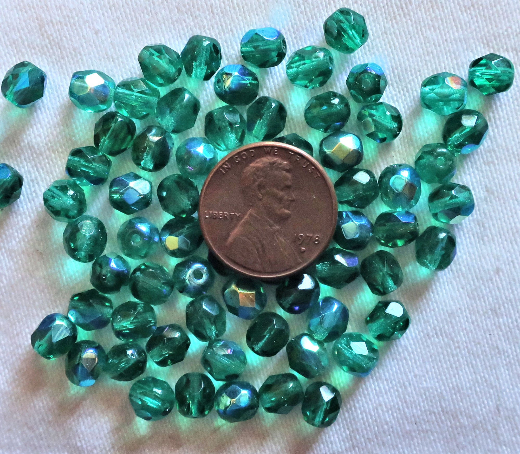 Lot of 25 viridian, teal blue green AB Czech glass beads - 6mm fire polished, faceted round beads C7425