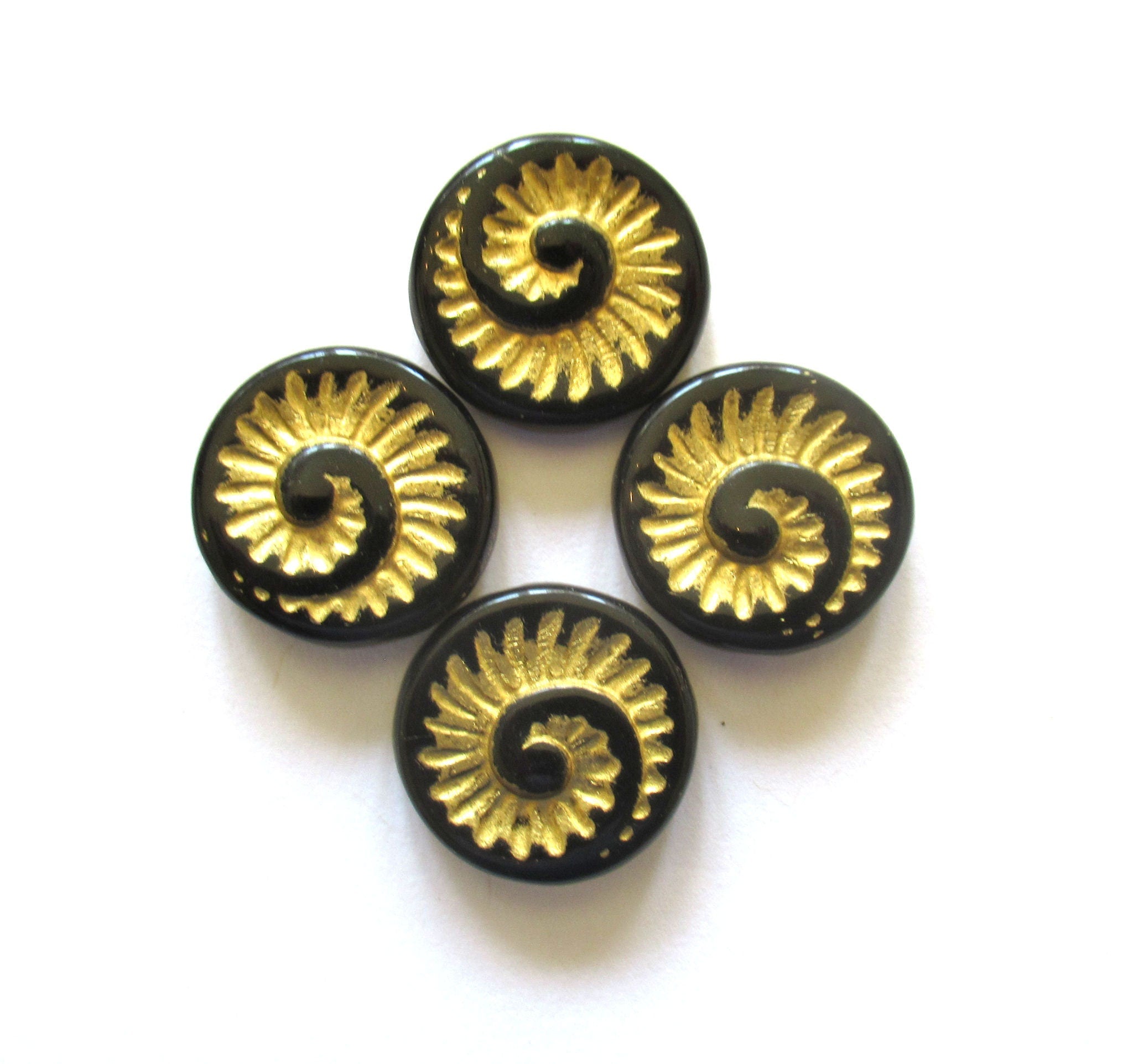 Four large Czech glass snail fossil beads - 18mm opaque jet black with a gold wash - coin / disc / focal beads C0054