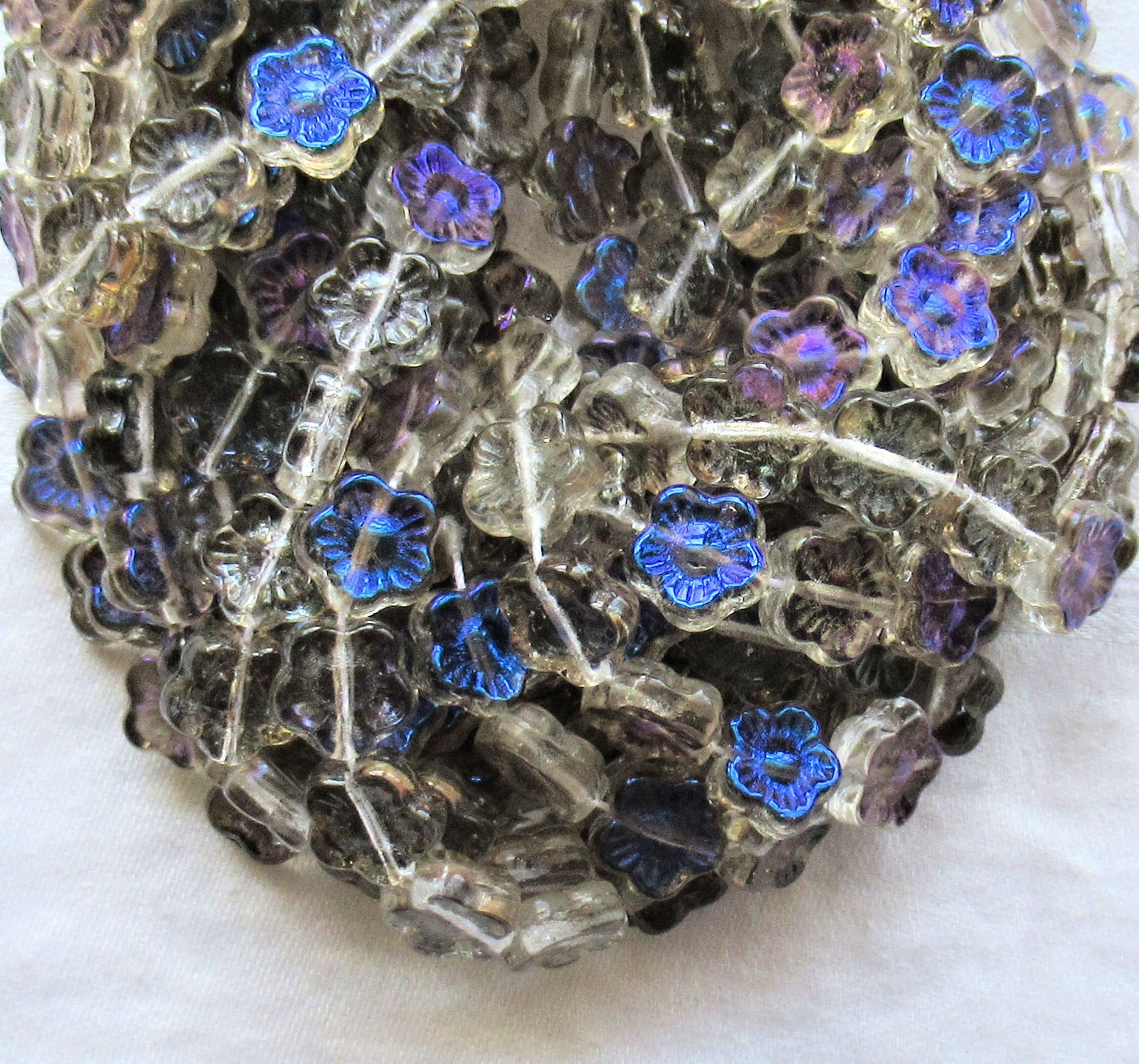 Lot of 25 10mm Crystal blue Iris luster Czech glass flower beads - pressed glass multicolor flower beads - C4801 - Glorious Glass Beads