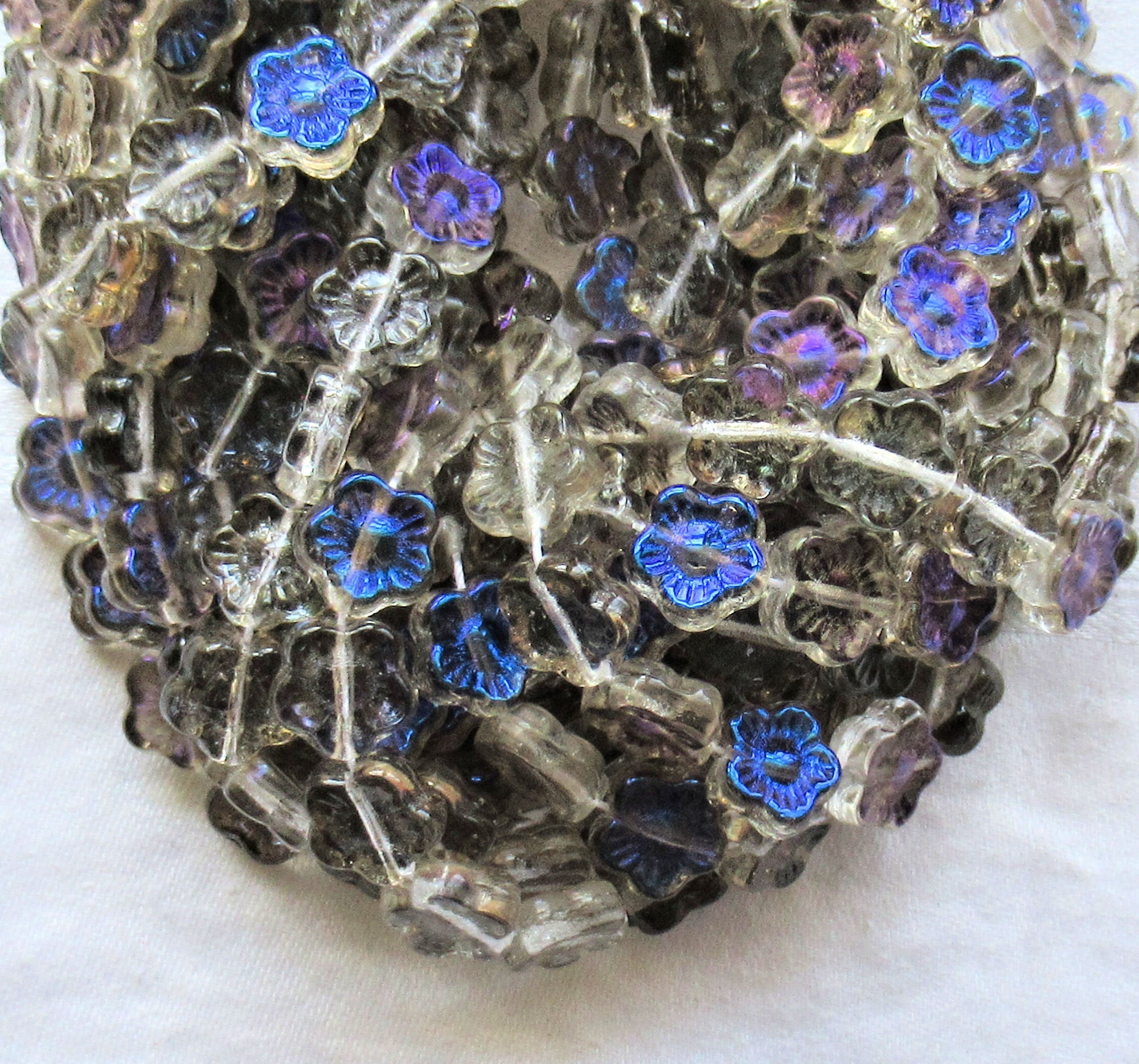 Lot of 25 10mm Crystal blue Iris luster Czech glass flower beads - pressed glass multicolor flower beads - C4801 - Glorious Glass Beads