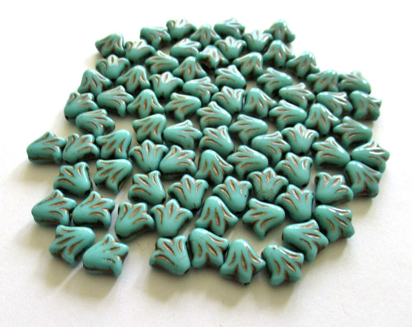 Lot of 25 8.5mm Czech glass flower beads - turquoise green w/ bronze wash - pressed glass lily flower beads C0077