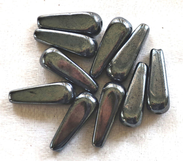 Lot of six 27 x 10mm hematite squared long teardrop Czech glass beads, large elongated tear drops C5301