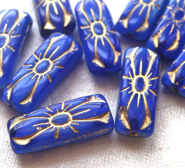 Five 20 x 8mm Czech glass beads, rectangular flower tube, opaque royal blue and gold rectangle bead C3801