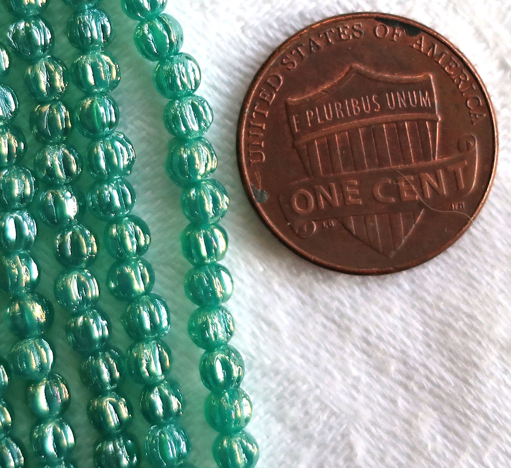 Lot of 100 Czech pressed glass melon beads - Luster Iris Atlantis Green - luster teal - luster viridian - C63101 - Glorious Glass Beads