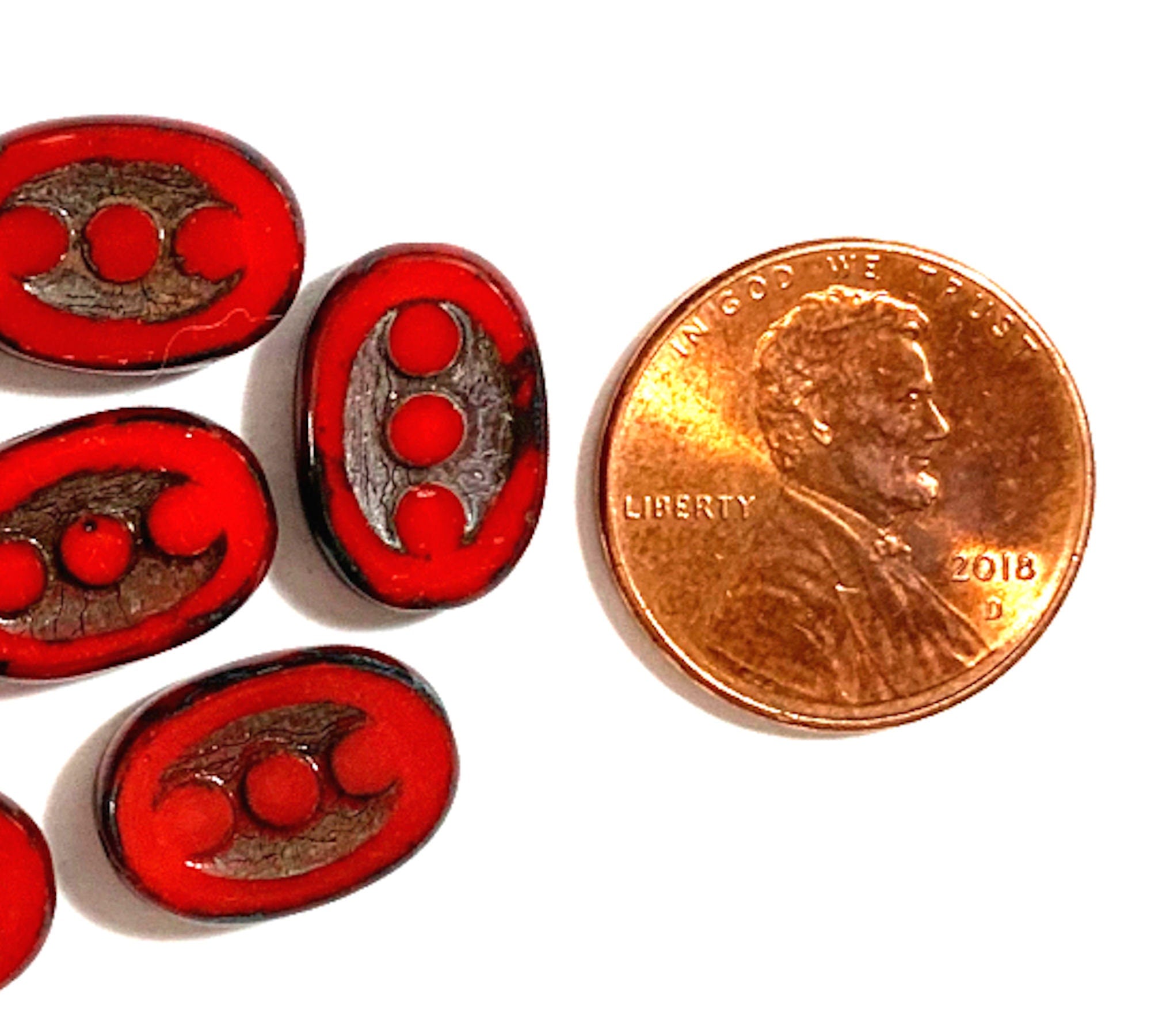 Ten 14 x 10mm rustic oval opaque red picasso, table cut, Czech glass beads with dots front and back C0001