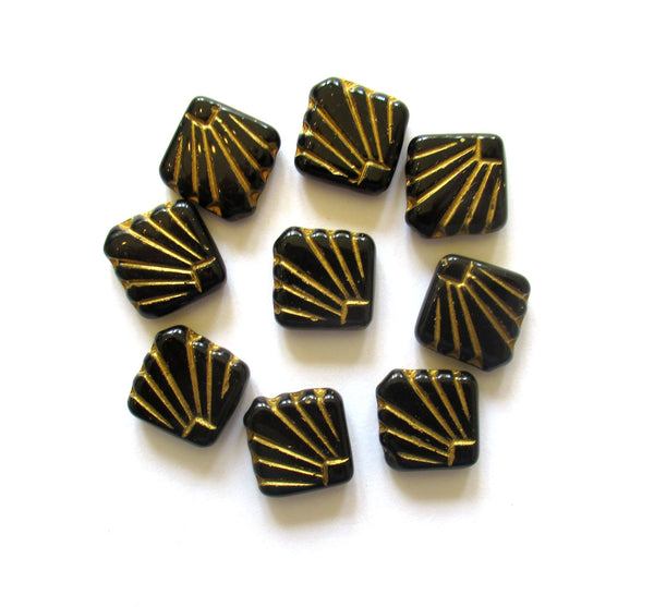 8 Czech glass square fan beads - 17 x 17mm - jet black beads with a gold wash - C0037