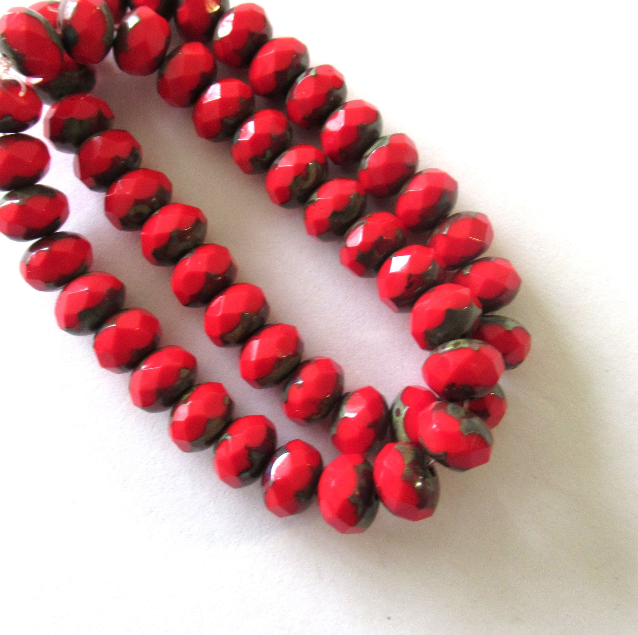 Lot of 25 6 x 8mm Czech glass puffy rondelles - opaque scarlet red picasso faceted fire polished rondelle beads - 00112