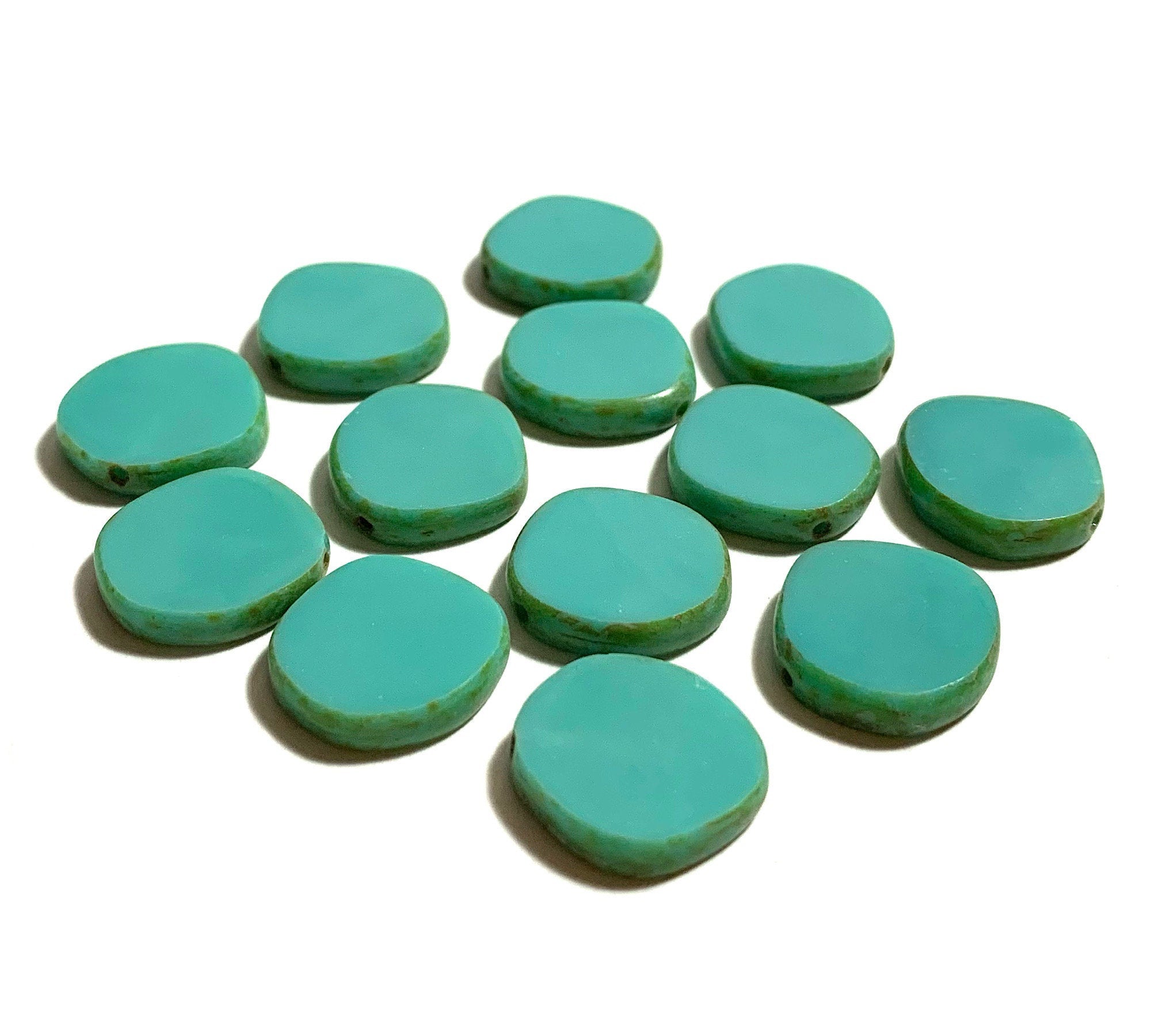 Six 15mm Czech glass asymmetrical coin or disc beads - opaque turquoise blue green Picasso table cut rustic earthy beads - C0041